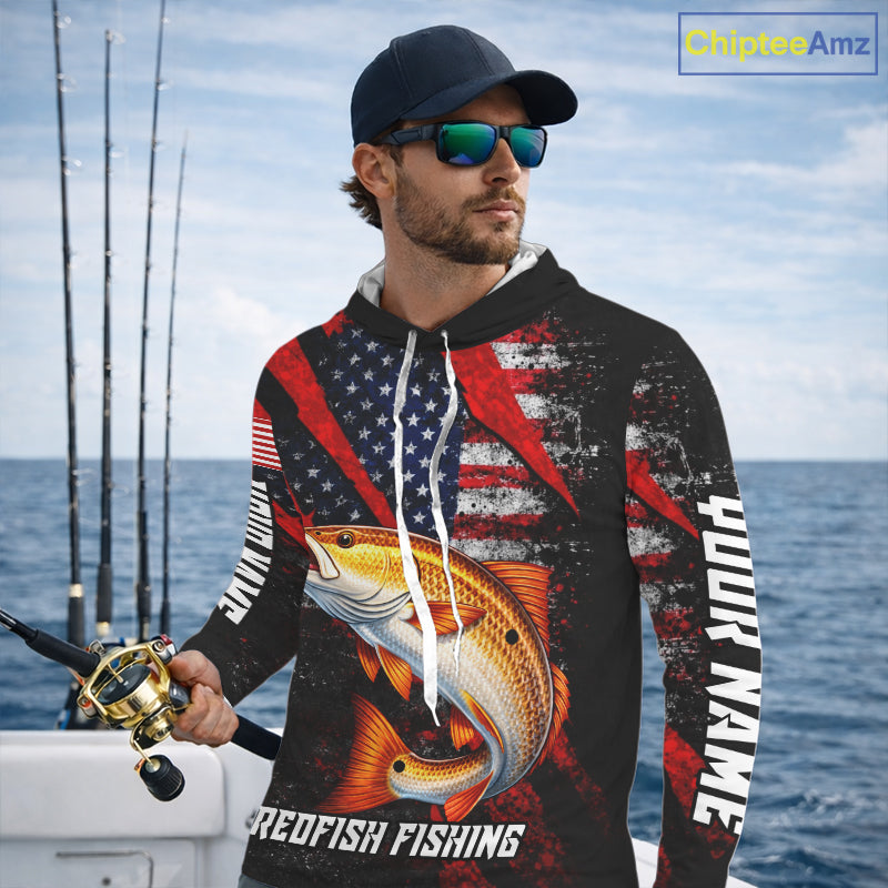Patriotic Redfish Fishing Jersey, Fishing Shirts Hooded Long Sleeve Custom Name For Men NHT485