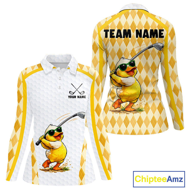 Custom Yellow & White Funny Duck Golf Shirt For Womens, Golf Jersey Argyle Pattern For Womens NHT559