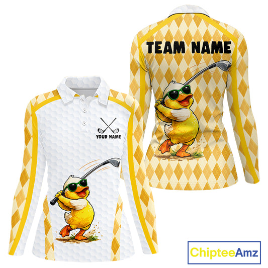 Custom Yellow & White Funny Duck Golf Shirt For Womens, Golf Jersey Argyle Pattern For Womens NHT559