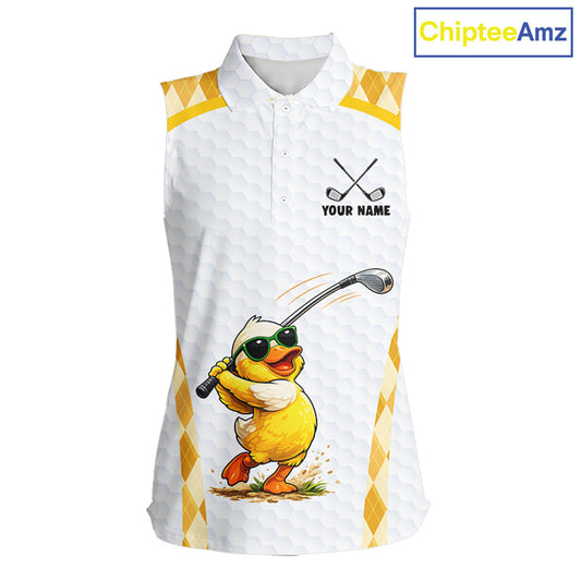 Custom Yellow & White Funny Duck Golf Shirt For Womens Sleeveless, Golf Jersey Argyle Pattern For Womens NHT559
