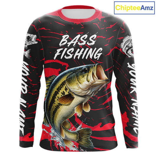 Custom Largemouth Bass Fishing Shirts Long Sleeve – Performance Tournament Jersey For Men| Red NHT769