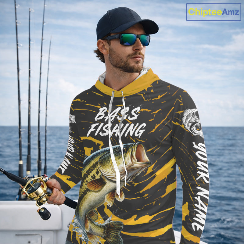 Custom Largemouth Bass Fishing Shirts Long Sleeve Hooded – Performance Tournament Jersey For Men| Yellow NHT770