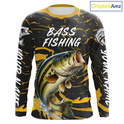 Custom Largemouth Bass Fishing Shirts Long Sleeve – Performance Tournament Jersey For Men| Yellow NHT770