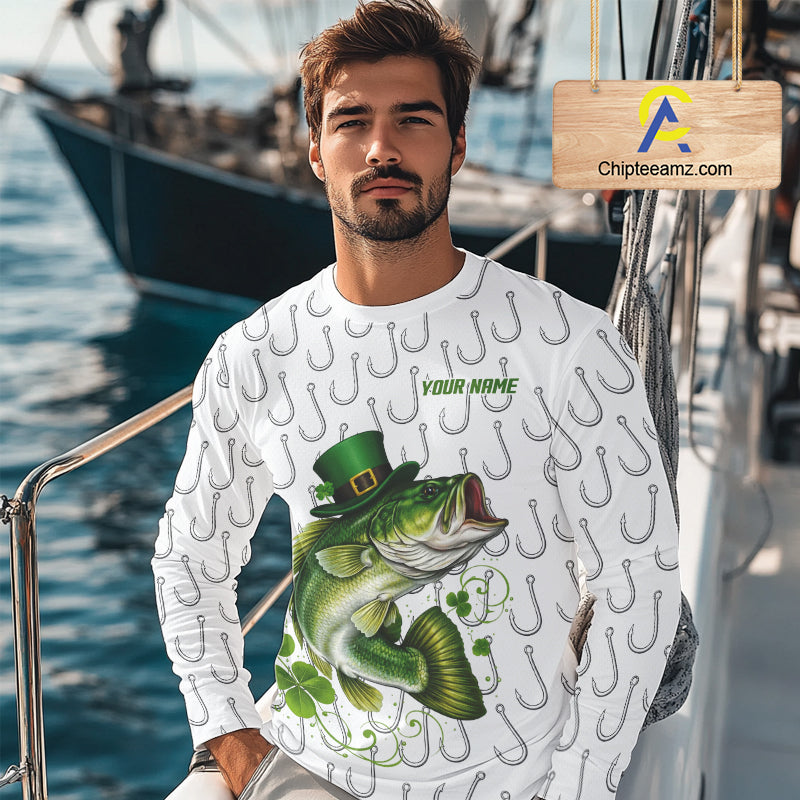Custom St Patrick's Day Bass Fishing Long Sleeve Shirt For Men, Performance Fishing Shirts NHT423