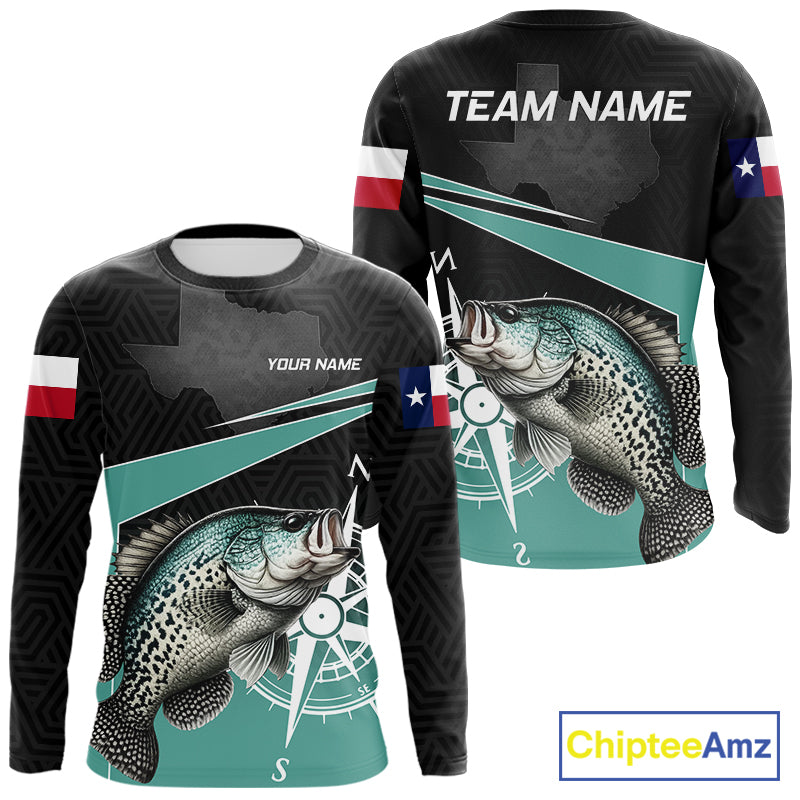Texas Crappie Fishing Jersey, Texas Flag Patriot Custom Name Fishing Shirts Long Sleeve NHT568