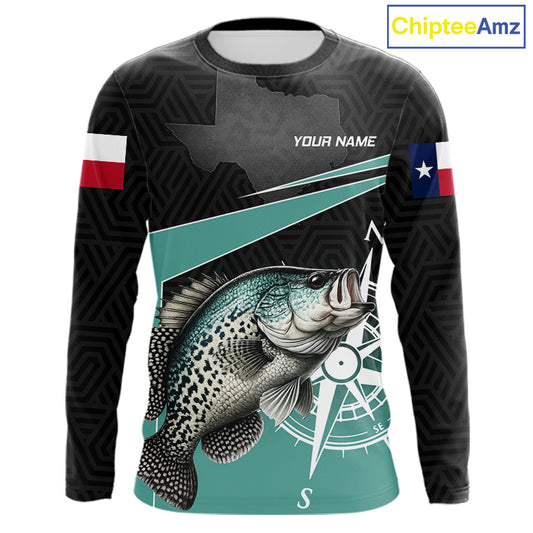 Texas Crappie Fishing Jersey, Texas Flag Patriot Custom Name Fishing Shirts Long Sleeve NHT568