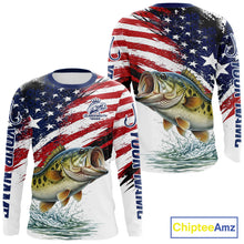 Load image into Gallery viewer, Personalized Patriotic Bass Fishing Shirts Long Sleeve, American Flag Fishing Jerseys For Men NHT773