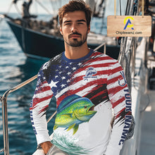 Load image into Gallery viewer, Personalized Patriotic Mahi Mahi( Dorado) Fishing Shirts Long Sleeve, American Flag Fishing Jerseys For Men NHT775