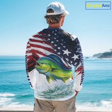 Load image into Gallery viewer, Personalized Patriotic Mahi Mahi( Dorado) Fishing Shirts Long Sleeve, American Flag Fishing Jerseys For Men NHT775