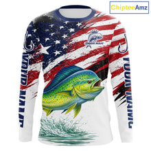 Load image into Gallery viewer, Personalized Patriotic Mahi Mahi( Dorado) Fishing Shirts Long Sleeve, American Flag Fishing Jerseys For Men NHT775