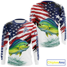 Load image into Gallery viewer, Personalized Patriotic Mahi Mahi( Dorado) Fishing Shirts Long Sleeve, American Flag Fishing Jerseys For Men NHT775