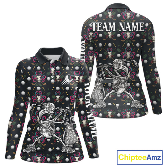 Dark Skull Golf Polo Shirt – Gothic Skeleton Flamingo Pattern Funny Golf Shirt For Womens NHT781