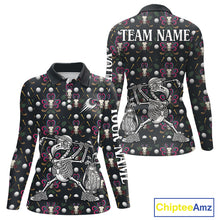 Load image into Gallery viewer, Dark Skull Golf Polo Shirt – Gothic Skeleton Flamingo Pattern Funny Golf Shirt For Womens NHT781