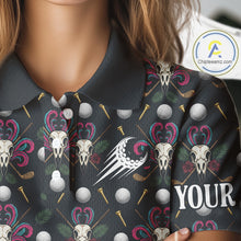 Load image into Gallery viewer, Dark Skull Golf Polo Shirt – Gothic Skeleton Flamingo Pattern Funny Golf Shirt For Womens NHT781