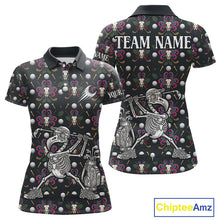 Load image into Gallery viewer, Dark Skull Golf Polo Shirt – Gothic Skeleton Flamingo Pattern Funny Golf Shirt For Womens NHT781