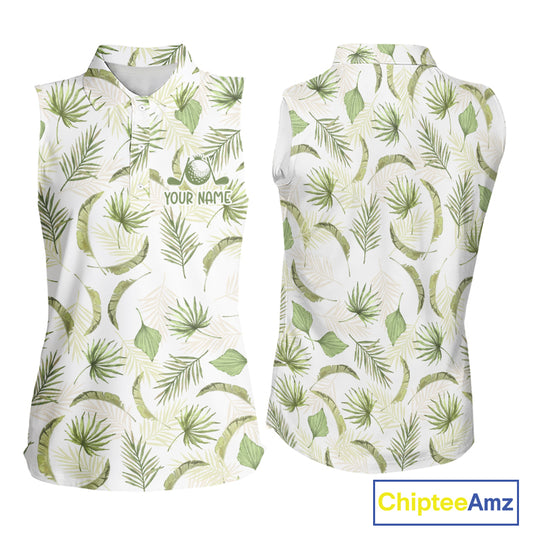 Green Tropical Womens Sleeveless Golf Polo Shirts Custom Team White Golf Shirt For Golfer