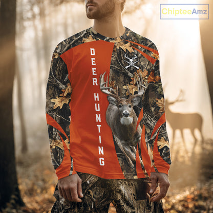 Deer Hunting 3D All Over Printed Orange Autumn Leaves Camo Shirts, Best Hunting Shirt NHT312