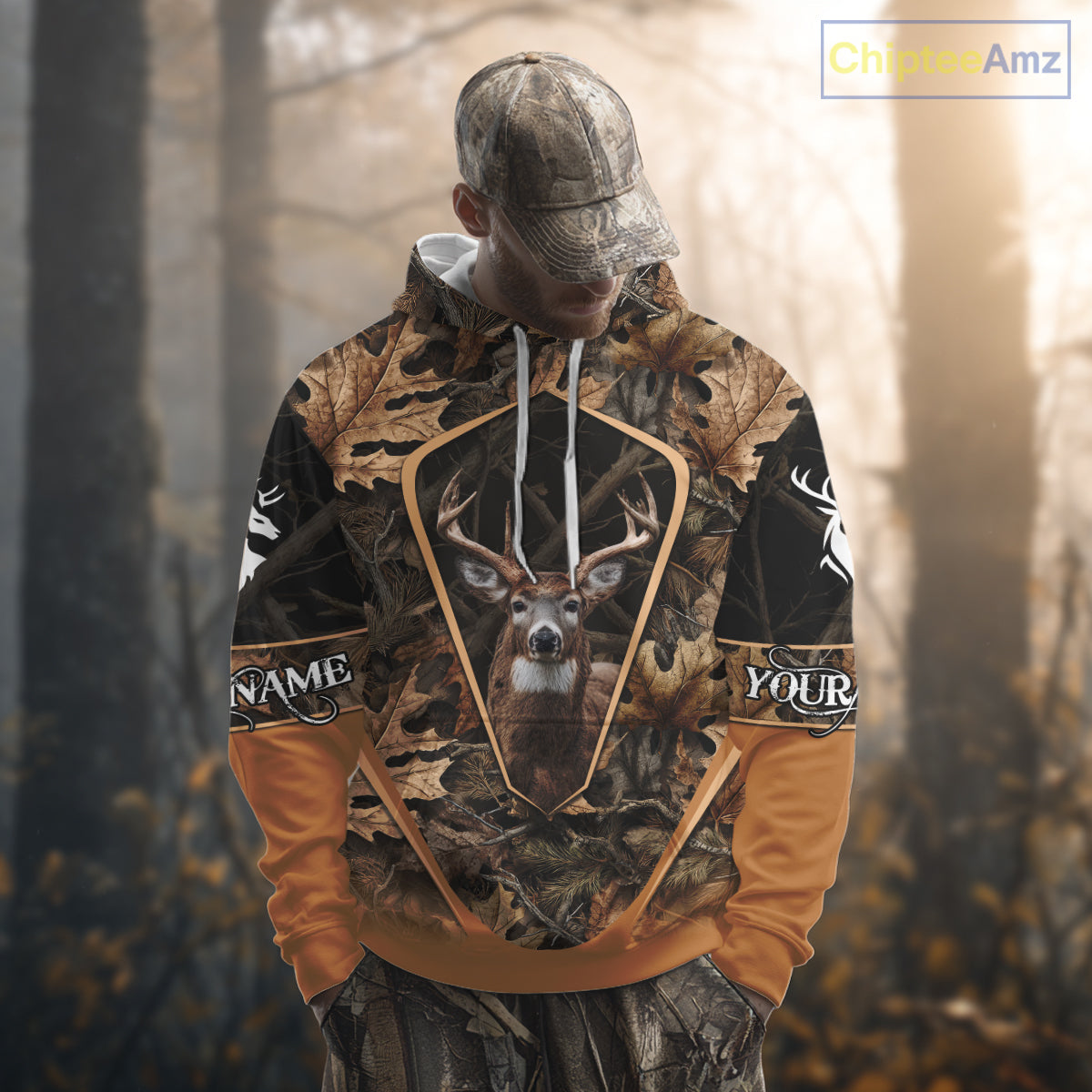 Personalized Whitetail Deer Hunting 3D All Over Printed Hoodie Brown Autumn Leaves Camo NHT314