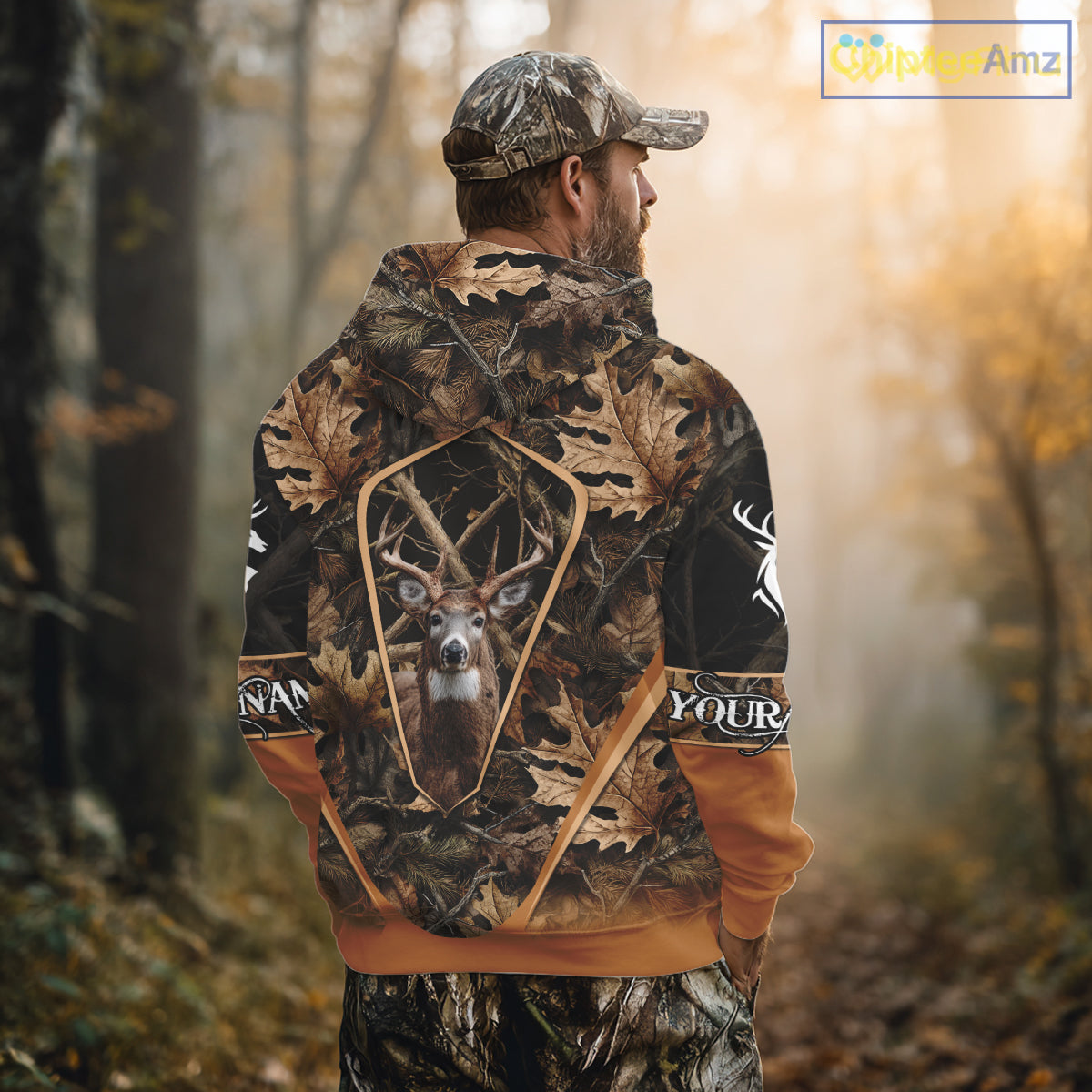 Personalized Whitetail Deer Hunting 3D All Over Printed Hoodie Brown Autumn Leaves Camo NHT314