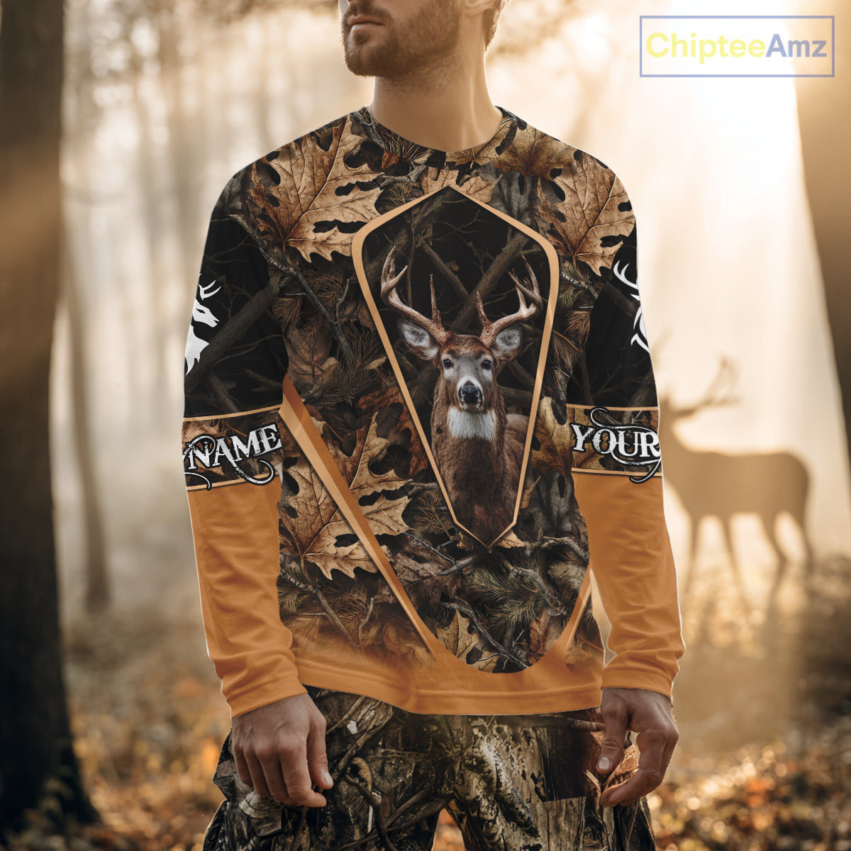 Personalized Whitetail Deer Hunting 3D All Over Printed Hoodie Brown Autumn Leaves Camo NHT314