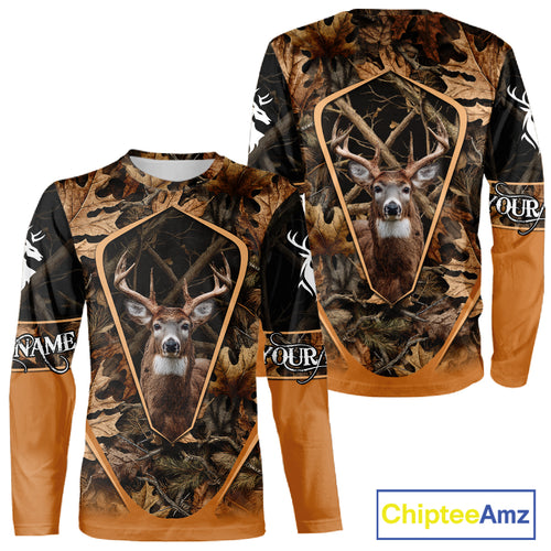 Personalized Whitetail Deer Hunting 3D All Over Printed Hoodie Brown Autumn Leaves Camo NHT314