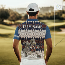 Load image into Gallery viewer, Custom Blue Red Argyle Mens Golf Polo Shirt Skull Flamingo Design, Personalized Team Name Shirt NHT794