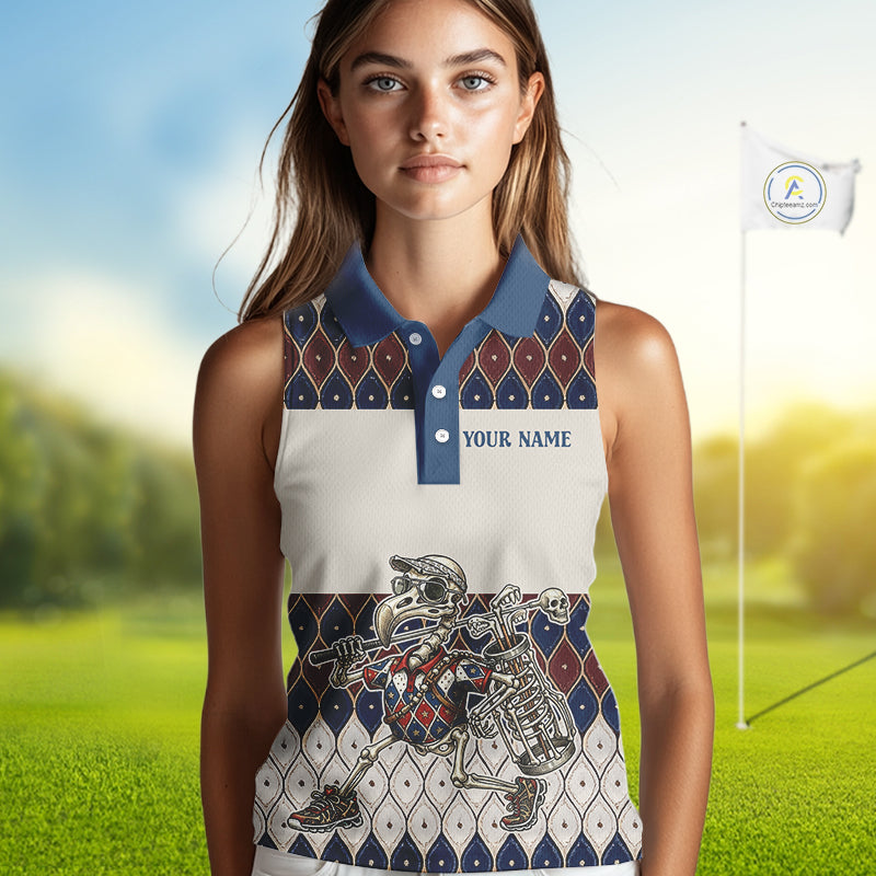 Custom Blue Red Argyle Sleeveless Womens Golf Polo Shirt Skull Flamingo Design, Personalized Team Name Shirt NHT794