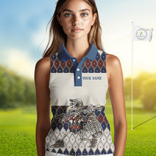 Load image into Gallery viewer, Custom Blue Red Argyle Sleeveless Womens Golf Polo Shirt Skull Flamingo Design, Personalized Team Name Shirt NHT794