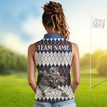 Load image into Gallery viewer, Custom Blue Red Argyle Sleeveless Womens Golf Polo Shirt Skull Flamingo Design, Personalized Team Name Shirt NHT794