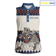 Load image into Gallery viewer, Custom Blue Red Argyle Sleeveless Womens Golf Polo Shirt Skull Flamingo Design, Personalized Team Name Shirt NHT794