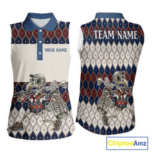 Load image into Gallery viewer, Custom Blue Red Argyle Sleeveless Womens Golf Polo Shirt Skull Flamingo Design, Personalized Team Name Shirt NHT794