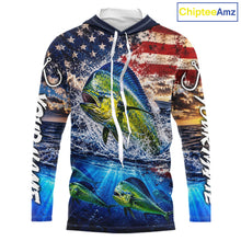 Load image into Gallery viewer, Personalized Dolphin Fish Patriotics Jersey Mahi Mahi Long Sleeve Hooded Fishing Shirt Apparel 