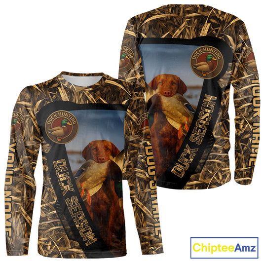 Duck Hunting Shirt Custom Name with Vizsla Dog Camo Hunting Clothes For Hunters NHT153