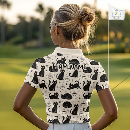 Personalized Black Cat Lover Golf Polo Shirt – Custom Name Cute Cat Pattern Shirt For Women NHT801