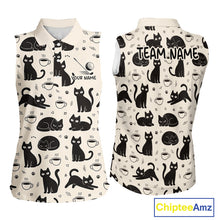 Load image into Gallery viewer, Personalized Black Cat Lover Sleeveless Women Golf Polo Shirt – Custom Name Cute Cat Pattern Shirt For Women NHT801