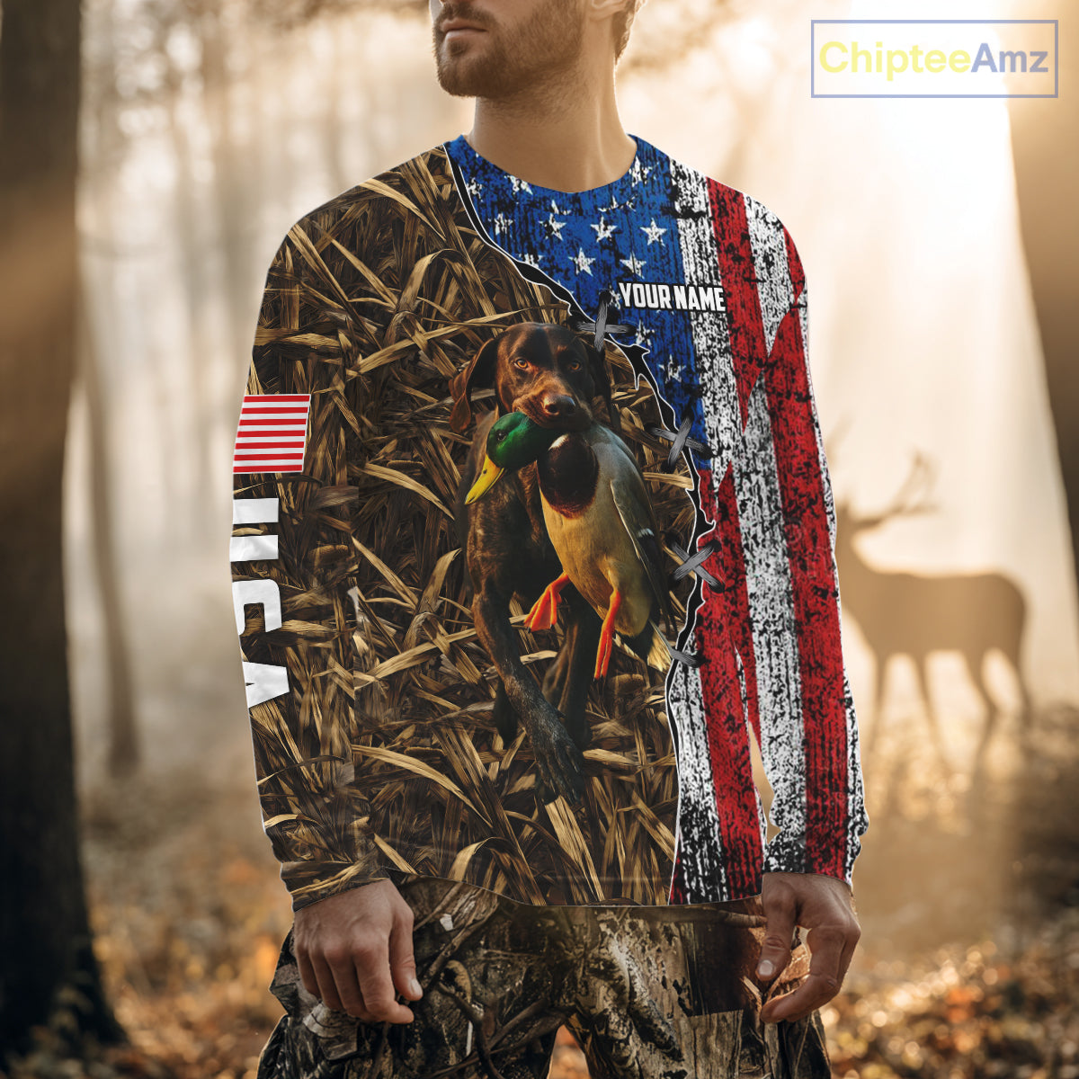 Mallard Duck Hunting Shirt Personalized Camo With German Shorthaired Pointer US Flag Clothes NHT160