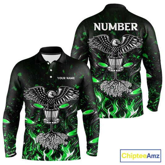 Personalized Mens Disc Golf Polo Shirt With Eagle Design, Customizable Name, Unisex Sports Jersey For Men|Green NHT814