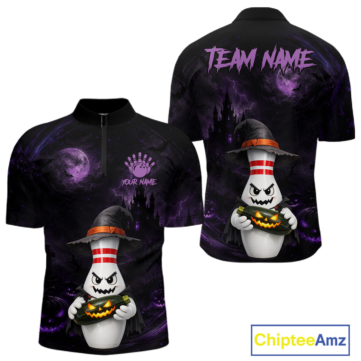 Black short-sleeve quarter-zip polo shirt shown from front and back with a Halloween-themed graphic print featuring a cartoon ghost in a witch hat holding a jack-o'-lantern, purple moon and storm clouds, and customizable text areas on the chest and neck.