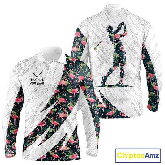 Flamingo Mens Golf Polo Shirts, Colorful Tropical Flamingo Pattern, Tropical Golf Shirt NHT590