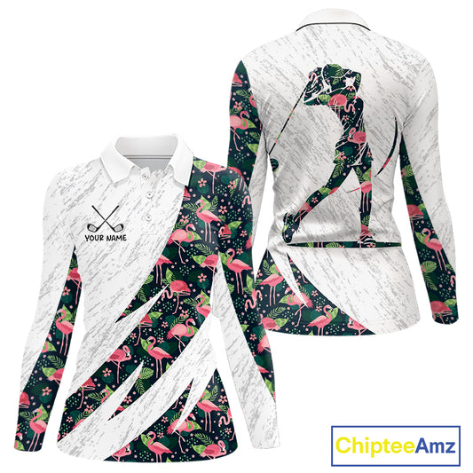 Flamingo Womens Golf Polo Shirts, Colorful Tropical Flamingo Pattern, Tropical Golf Shirt NHT590