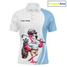 Load image into Gallery viewer, Blue Funny Flamingo Polo Shirt, Golf Polo Shirts Custom Name, Flamingo Golf Shirts For Men NHT594