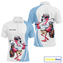 Load image into Gallery viewer, Blue Funny Flamingo Polo Shirt, Golf Polo Shirts Custom Name, Flamingo Golf Shirts For Men NHT594
