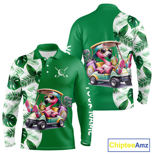 Personalized Tropical Leaf Green Golf Cart Design, Custom Flamingo Funny Mens Golf Polo Shirt  NHT596