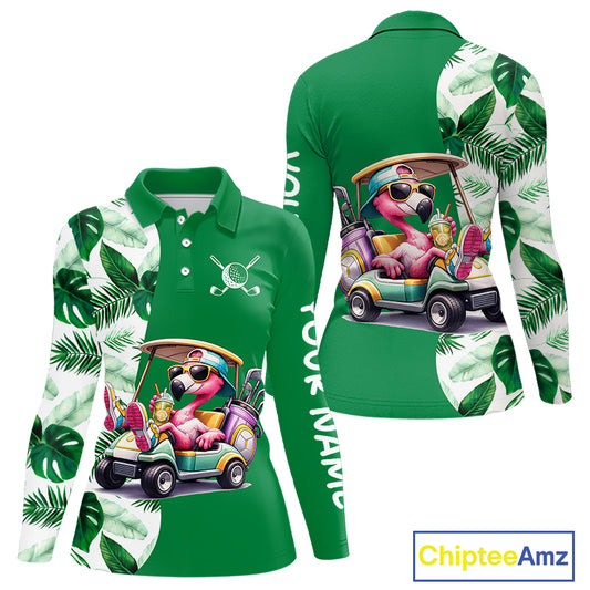 Personalized Tropical Leaf Green Golf Cart Design, Custom Flamingo Funny Womens Golf Polo Shirt  NHT596