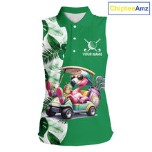 Load image into Gallery viewer, Personalized Tropical Leaf Green Golf Cart Design, Custom Flamingo Funny Womens Sleeveless Golf Polo Shirt  NHT596