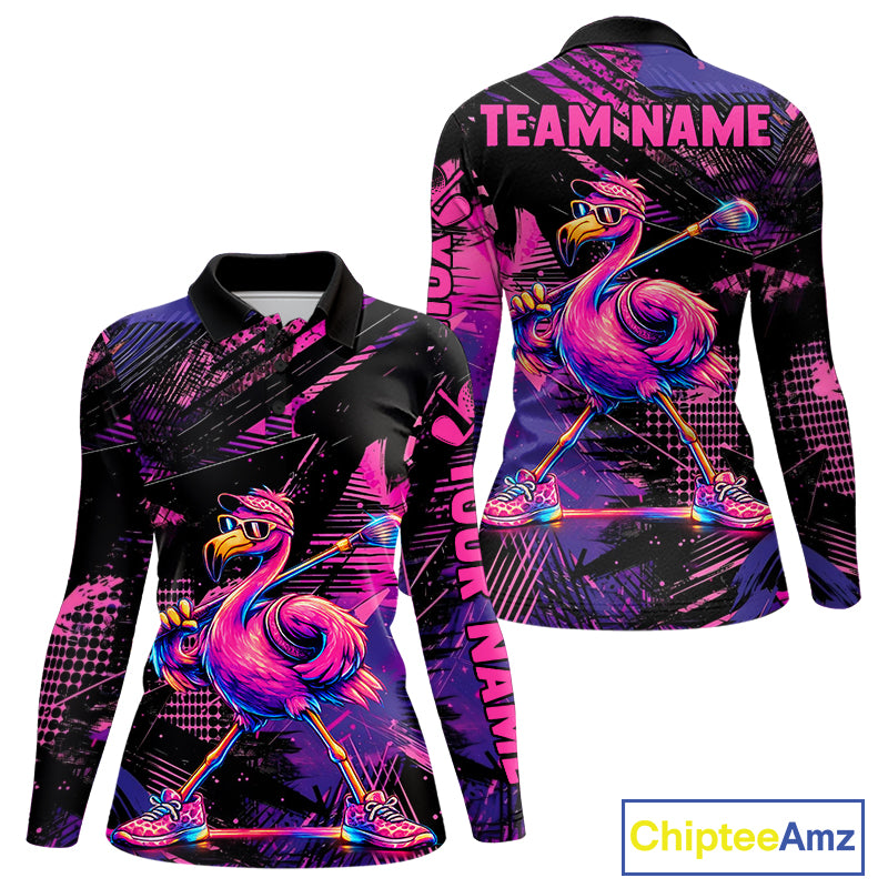Funny Neon Flamingo Long Sleeve Womens Golf Polo Shirt – Custom Personalized Golf Team Apparel 