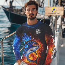 Load image into Gallery viewer, Marlin Fishing Shirt Long Sleeve Blue Fire Flame Smoke Personalized Name, Best Fishing Gift NHT427