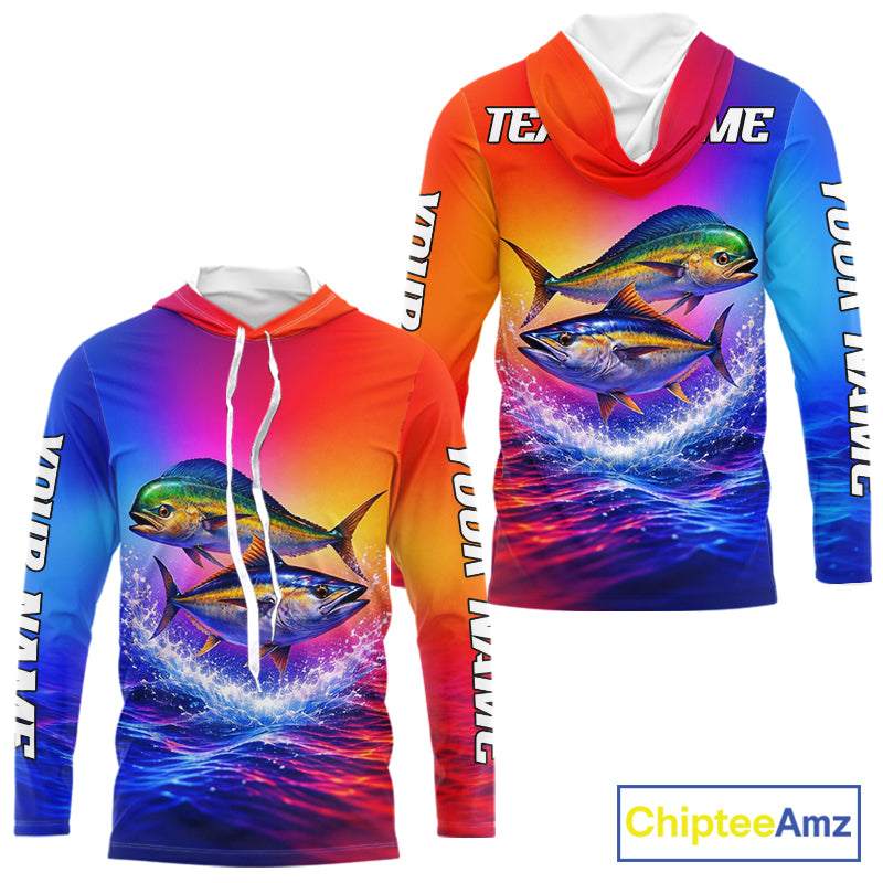 Personalized Mahi Mahi, Tuna Neon Performance Hooded Fishing Shirt, Offshore Tournament Shirts NHT599