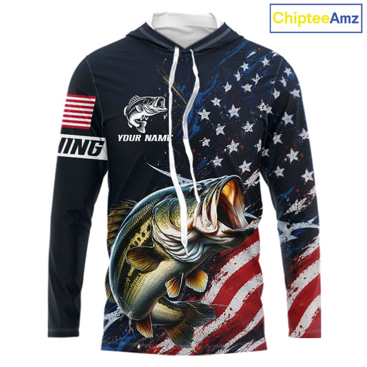 Bass Fishing Shirt Long Sleeve Hooded USA Flag, Custom Name Jersey