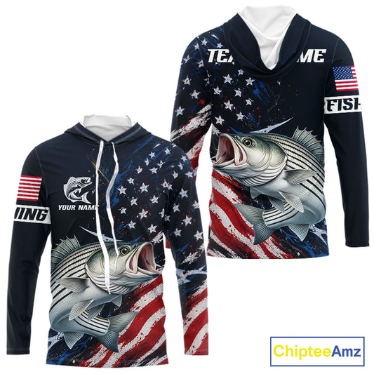 Striped Bass Fishing Shirt Long Sleeve Hooded USA Flag Camo, custom name